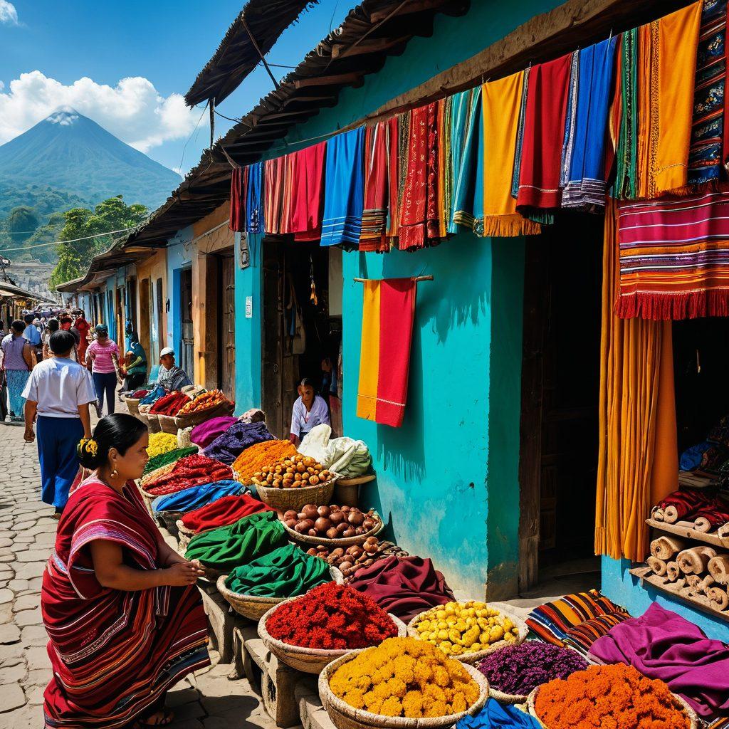 A vibrant market scene in Guatemala bustling with colorful textiles, traditional foods, and local artisans. Incorporate iconic landmarks like the ancient ruins and lush landscapes in the background. Include diverse expats and visitors engaging with the culture, showcasing a blend of heritage and modernity. Capture the warmth of the Guatemalan sun and expressive faces of the people. super-realistic. vibrant colors. cultural depth.