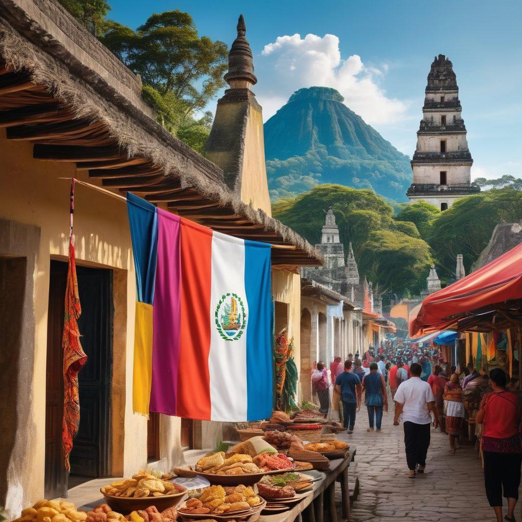A vibrant collage depicting Guatemala's rich culture, featuring traditional Mayan textiles, lively street food markets with colorful dishes, and a majestic view of ancient ruins like Tikal. Incorporate friendly locals showcasing their craft and a symbol of consular support like an embassy flag. The overall tone should be inviting and warm. super-realistic. vibrant colors. 3D.