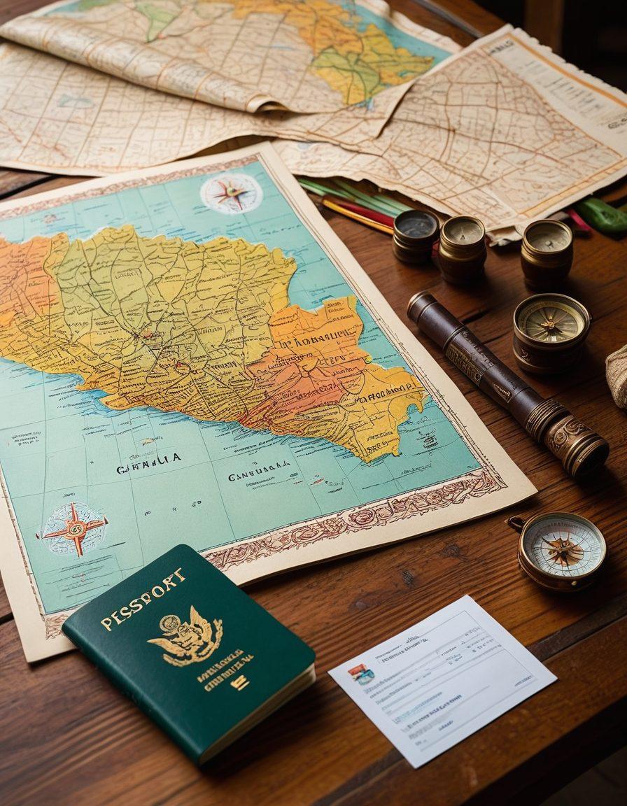 A scenic view of Guatemala featuring its lush landscapes, vibrant markets, and iconic ruins, with a compass and travel essentials like a passport and map overlaying the image. Include a supportive consular office in the background along with helpful travel tips illustrated on scrolls. Emphasize rich cultural elements and warm colors to evoke a sense of adventure. super-realistic. vibrant colors. 3D.